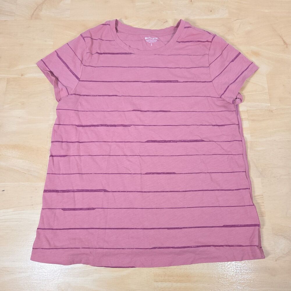 Athleta Organic Daily Striped Tee Women's Sz L Pink Striped Short Sleeve T-Shirt